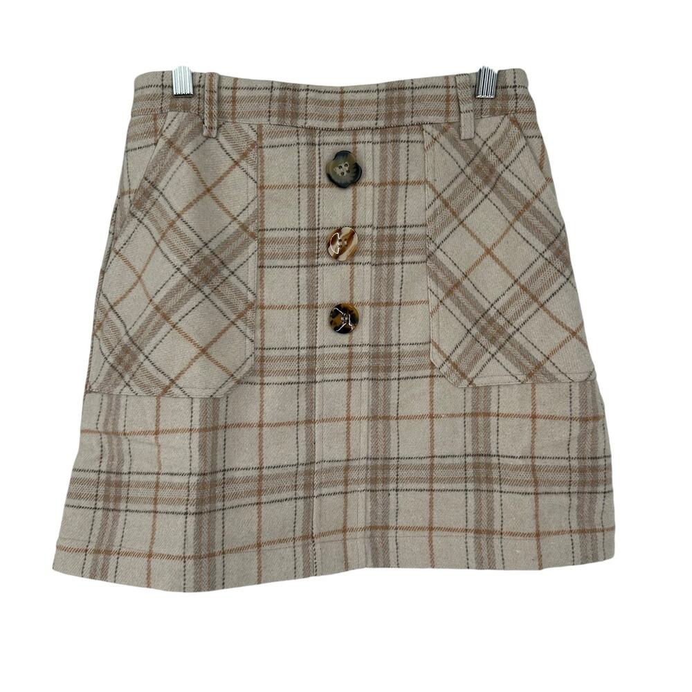 NEW J.O.A. Fall Tan Wool Blend Plaid A-Line Mini Skirt Sz Small